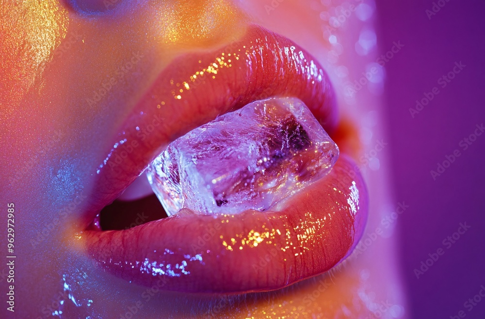 Fototapeta premium Close-up of a woman’s lips with a piece of ice held between them, showcasing vibrant colors and glossy texture in artistic lighting