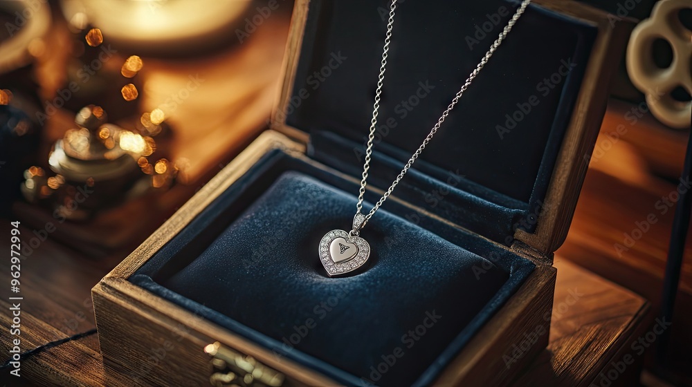 Luxurious velvet box holding a custom-engraved pendant necklace, elegantly designed for gifting, with soft lighting highlighting the piece. Luxurious velvet box holding a custom-engraved pendant necklace, elegantly designed for gifting, with soft lighting highlighting the piece.