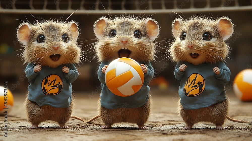 Three adorable mice in blue shirts playing volleyball, looking at the camera with happy expressions. Three adorable mice in blue shirts playing volleyball, looking at the camera with happy expressions.