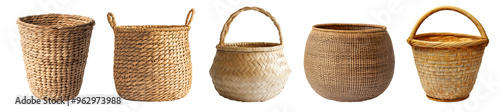 Set of rustic empty bamboo wicker rattan straw weave woven storage basket on transparent background cutout, PNG file. Front view Many assorted different design. Mockup template for artwork