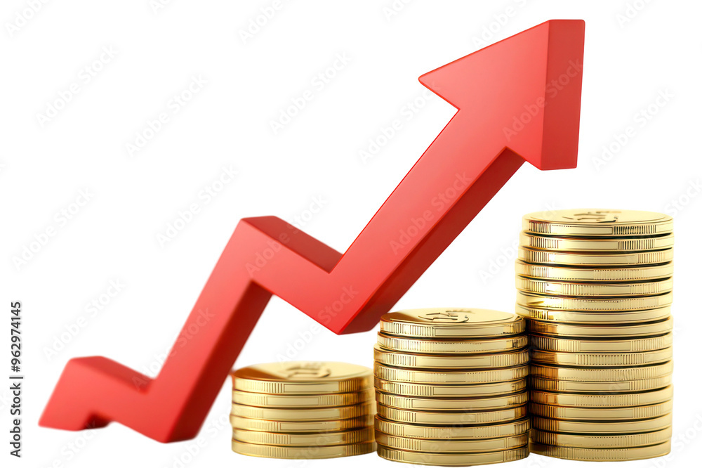 Featuring ascending coins and an upward arrow demonstrating success and prosperity isolate on transparent background, cutout, png Featuring ascending coins and an upward arrow demonstrating success and prosperity isolate on transparent background, cutout, png