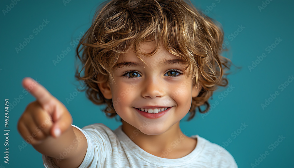 Niño feliz sonriente señalando con el dedo hacia el espacio Niño feliz sonriente señalando con el dedo hacia el espacio