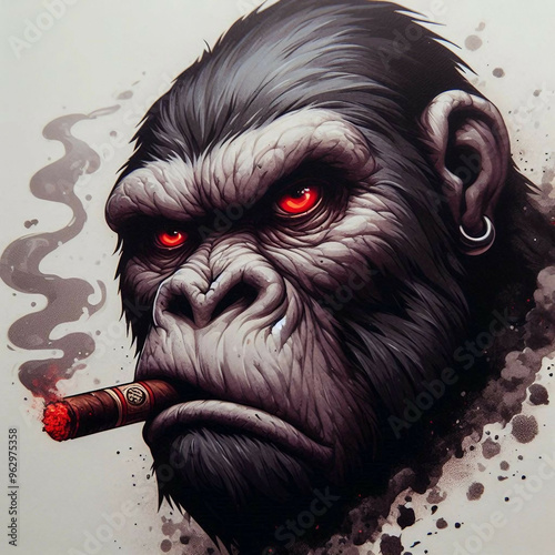 gorilla with red eyes and a cigar in his mouth.