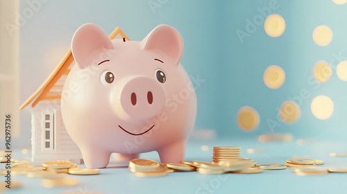 Dream Home Savings - 3D Cartoon Piggy Bank with House Model and Coins on Pastel Blue Background in Soft Midday Light