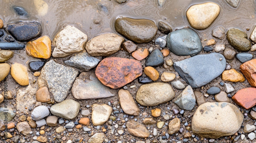 Detailed view of a cracked, dried riverbed with silt and pebbles creating natural patterns Detailed view of a cracked, dried riverbed with silt and pebbles creating natural patterns