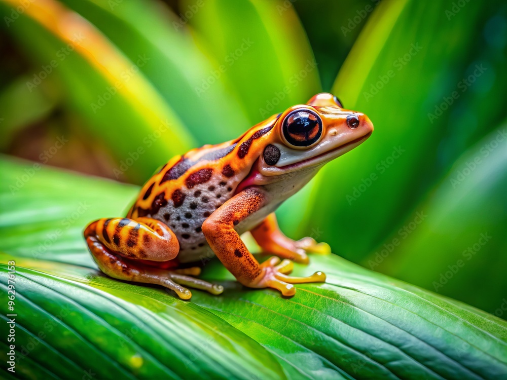Fototapeta premium A tiny, spotted amphibian perches on a vibrant green leaf, basking in the warm sunlight that filters through