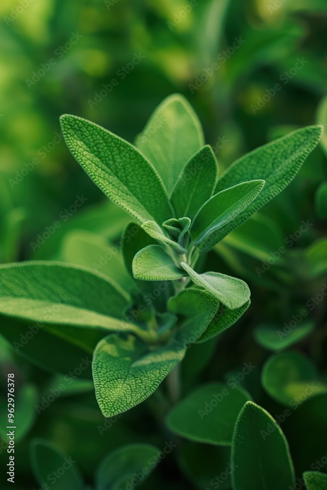 Fresh sage plant with vibrant green leaves in fan-like pattern. Close-up shot of curled leaves in blurred garden setting. Perfect for eco and wellness themes, herb gardens, or nature-inspired designs.
