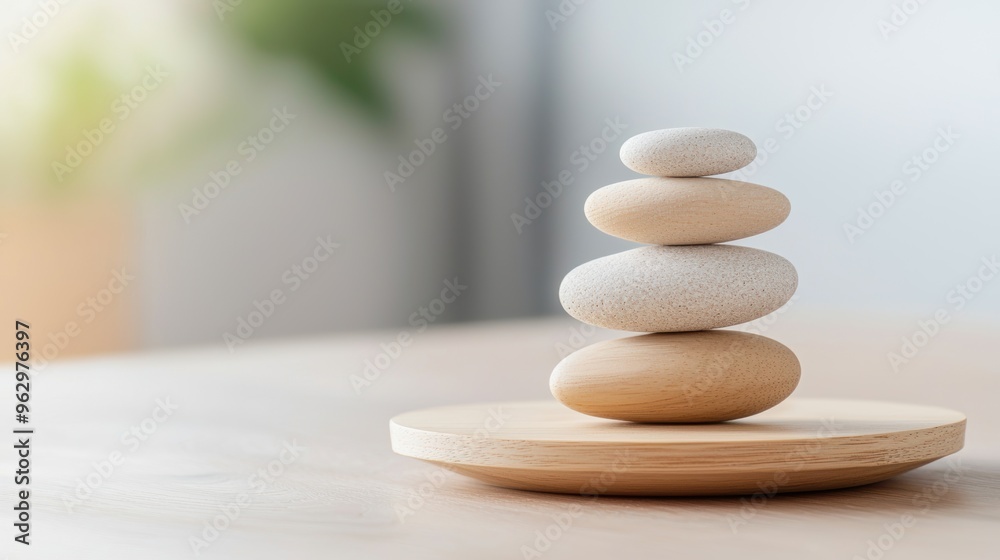 A serene arrangement of smooth stones stacked on a wooden base, symbolizing balance, tranquility, and mindfulness in decor. A serene arrangement of smooth stones stacked on a wooden base, symbolizing balance, tranquility, and mindfulness in decor.