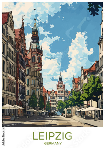 Leipzig Germany Poster Illustration Travel Print Decor Gift Paper Canvas Wall Retro Art #962976315