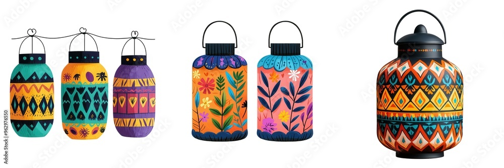 Fototapeta premium Watercolor Halloween Boho Decor, A vibrant collection of decorative lanterns showcasing colorful patterns and unique designs for enchanting ambiance. Isolate on white background set
