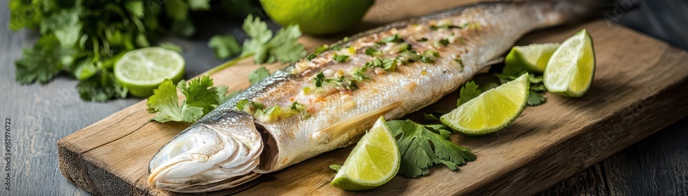 Freshly caught fish on a wooden board, surrounded by lime wedges and cilantro, ready to be made into ceviche, seafood preparation Freshly caught fish on a wooden board, surrounded by lime wedges and cilantro, ready to be made into ceviche, seafood preparation