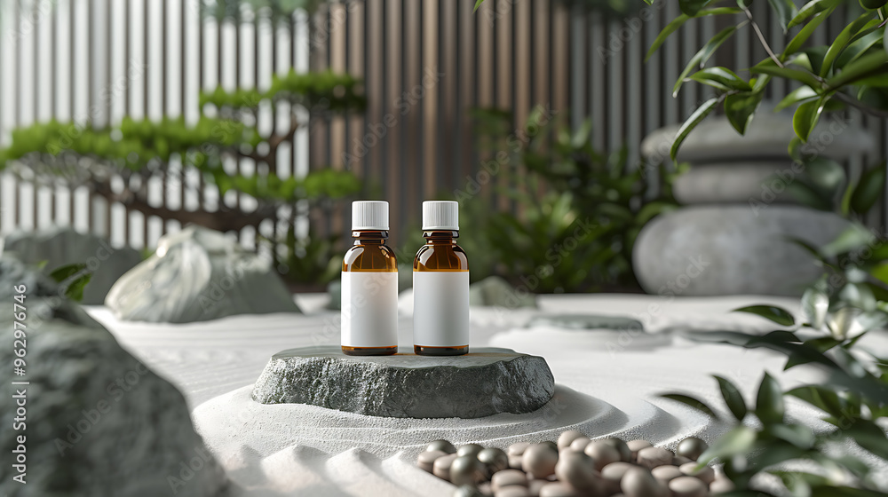 Two amber glass bottles with white labels sit on a gray rock in a serene, minimalist zen garden setting. Two amber glass bottles with white labels sit on a gray rock in a serene, minimalist zen garden setting.