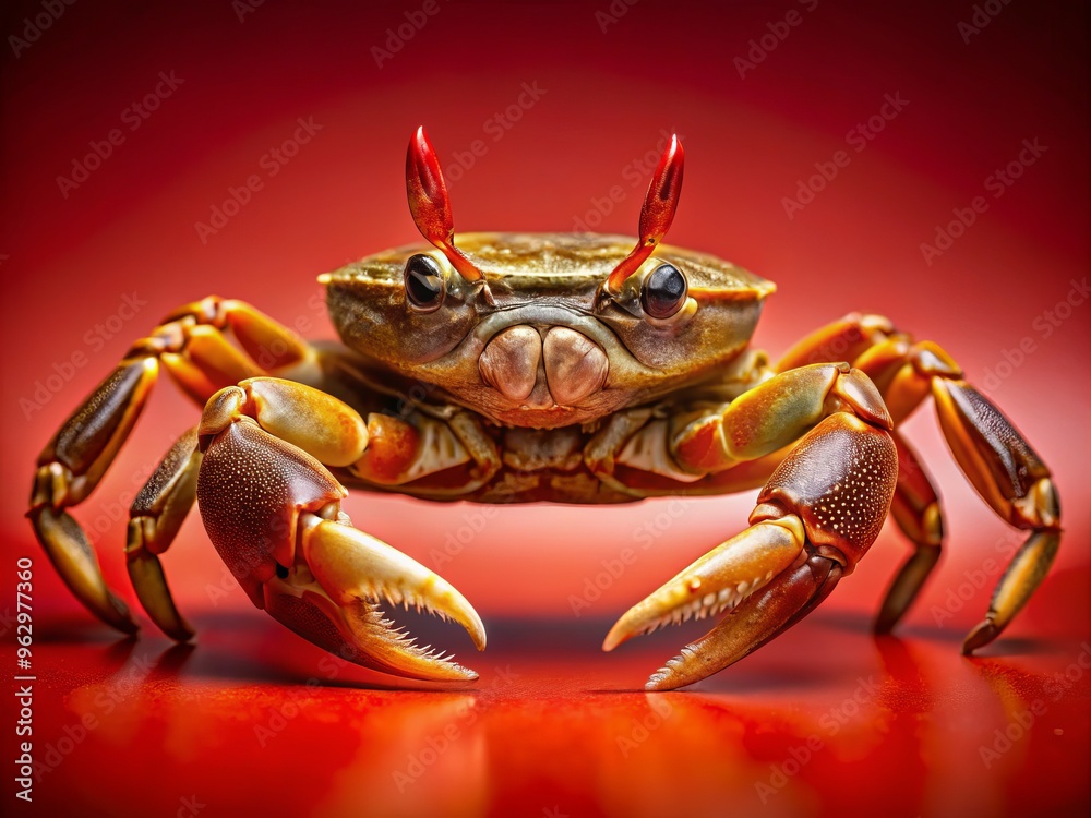 A vibrant red background serves as the perfect backdrop for the intricate details of a crab's shell, its A vibrant red background serves as the perfect backdrop for the intricate details of a crab's shell, its