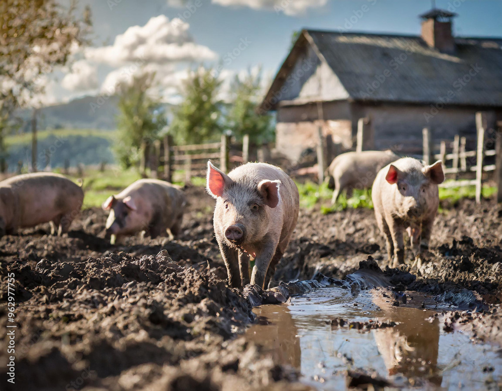 Breeding pigs in a mud farm in the countryside Breeding pigs in a mud farm in the countryside