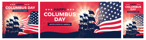 Happy Columbus Day Background with USA Flag and Sunset Sillhouette of Ship. Old Marine Navy Vessel, America Flag Color, Celebrate Christopher Columbus Discover the America.