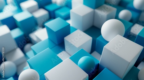 Abstract composition of blue and white cubes and spheres.