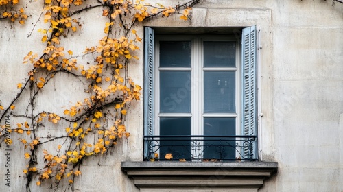 Frontal view of a window with minimalistically arranged autumnal leaves photo