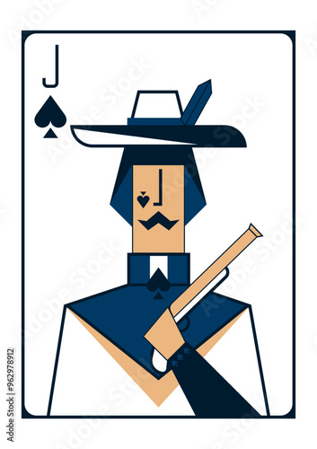 Stylised minimalistic image of a playing card with a jack of spades holding a pistol