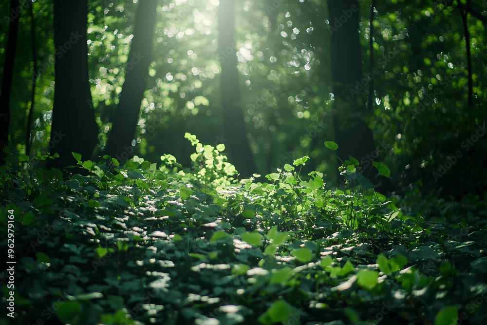 A low angle view of sunlight shining through the canopy of a lush, green forest, highlighting the foliage on the forest floor. A low angle view of sunlight shining through the canopy of a lush, green forest, highlighting the foliage on the forest floor.