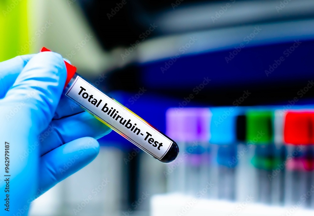 Blood sample tube for total bilirubin test analysis. Blood sample tube for total bilirubin test analysis.