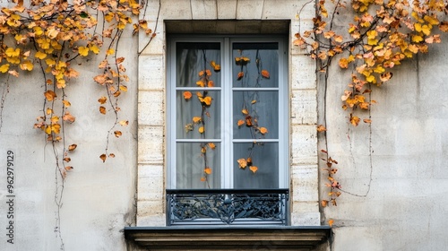 Frontal view of a window with minimalistically arranged autumnal leaves photo