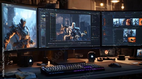 Designer creates game character. monitor with a screen saver. Game development concept. 