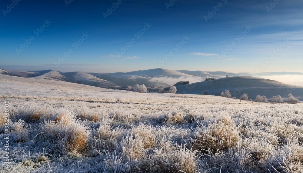 Frosted landscape with distant hills Frosted landscape with distant hills