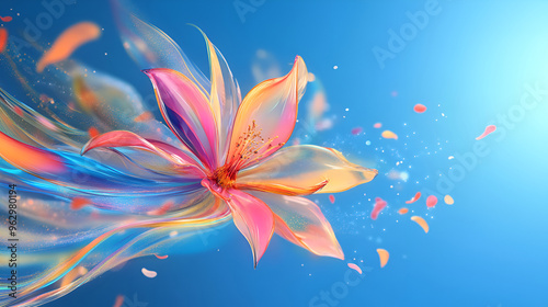 A close-up photo of a vibrant blue flower standing out against a bright blue background, Futuristic interpretation of an abstract flower blooming, A fantastic flower with petals