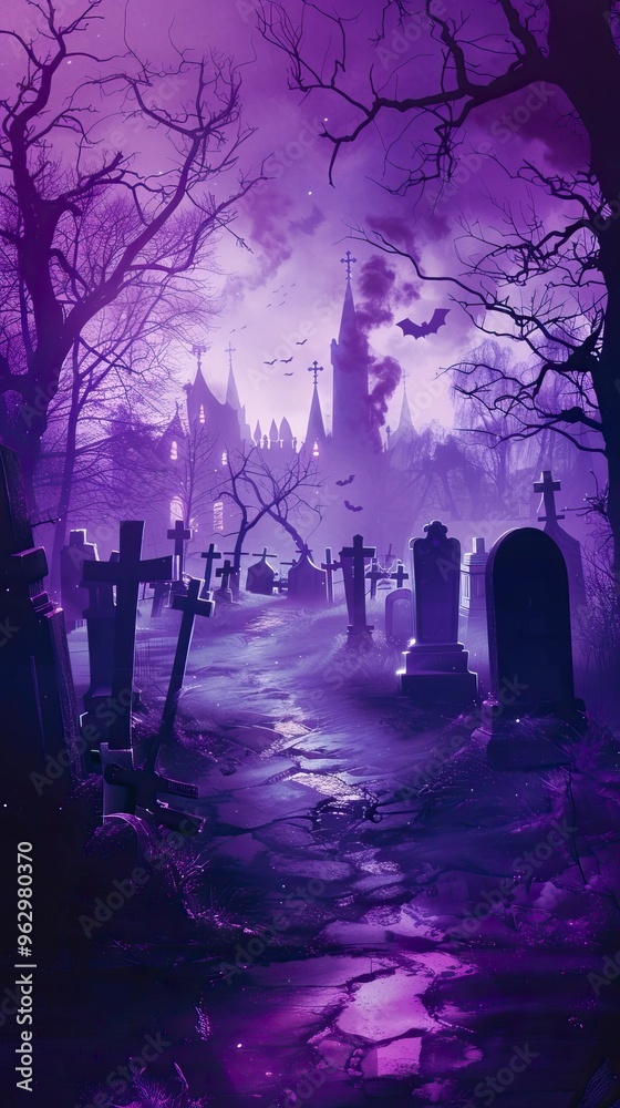 Obraz premium Purple Cemetery halloween background banner