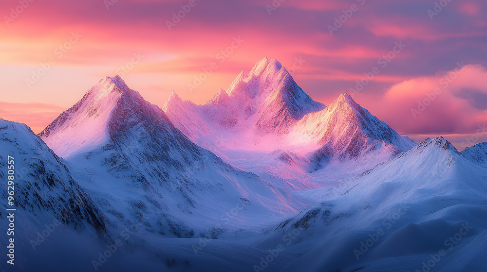 Fototapeta premium Breathtaking snow-capped mountains at sunrise, with a pink and blue sky,