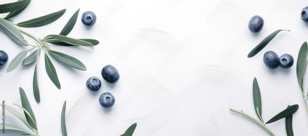 Fototapeta premium Black olives scattered with olive branches on a pristine white background, artistic and fresh.