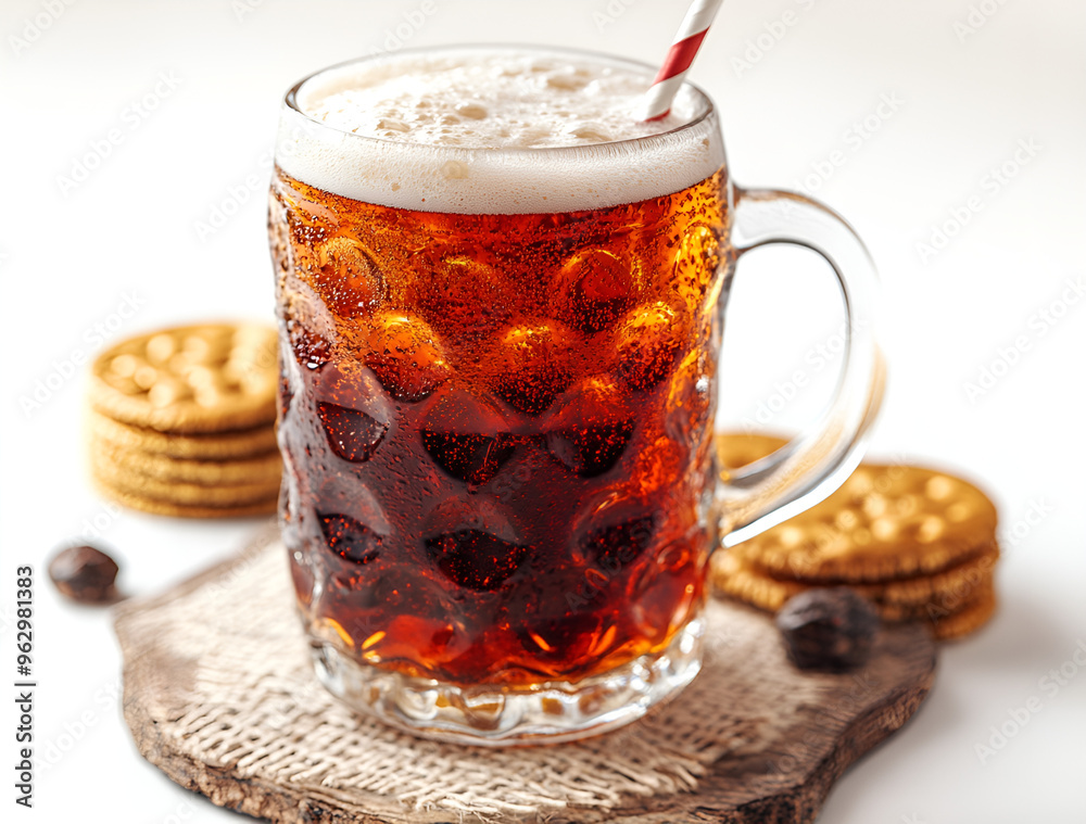A close-up view of a frosty glass mug filled with dark amber iced beverage, A close-up view of a frosty glass mug filled with dark amber iced beverage,