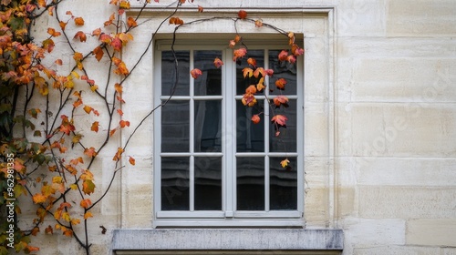 Frontal view of a window with minimalistically arranged autumnal leaves photo