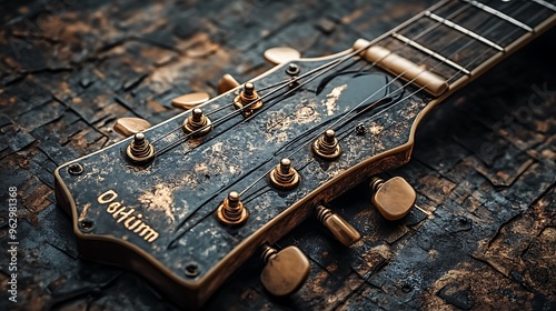 Close-up of a weathered guitar headstock with gold tuning pegs.