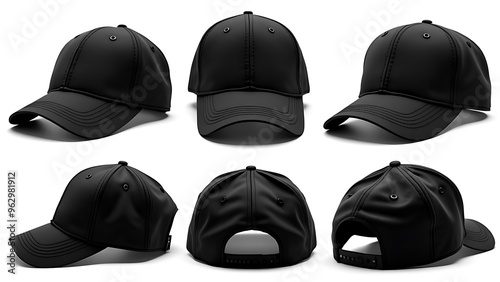 Blank black baseball hat mockup, different views