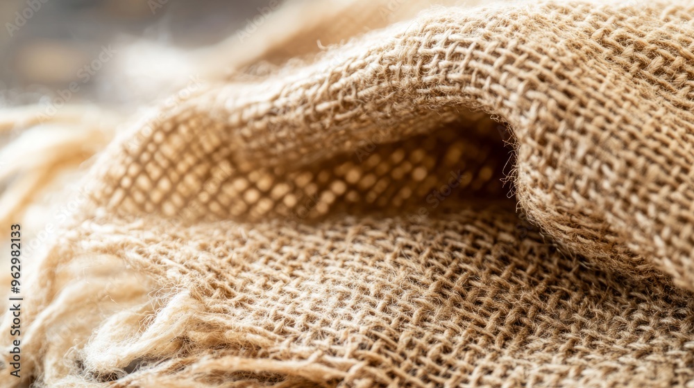 Zoomed-in texture of a burlap sack with visible coarse fibers and frayed edges Zoomed-in texture of a burlap sack with visible coarse fibers and frayed edges