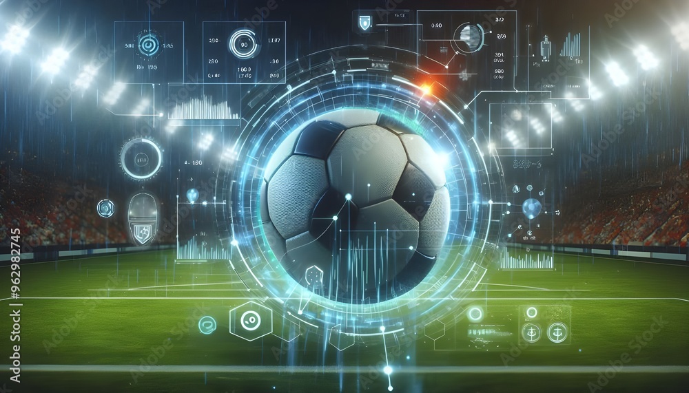 Dynamic Soccer Ball on Field with Digital Analysis Graphics Depicting Real-Time Sports Data Analytics and the Technological Intersection of Soccer and Data During an Evening Match Dynamic Soccer Ball on Field with Digital Analysis Graphics Depicting Real-Time Sports Data Analytics and the Technological Intersection of Soccer and Data During an Evening Match