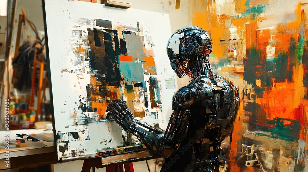 Fototapeta premium Cyborg artwork in art studio. Generative Art AI (Artificial Intelligence) replacing artist. Concept art illustration. Unemployed artists due to AI.