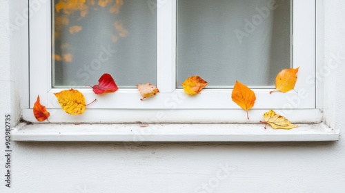 Frontal view of a window with minimalistically arranged autumnal leaves photo