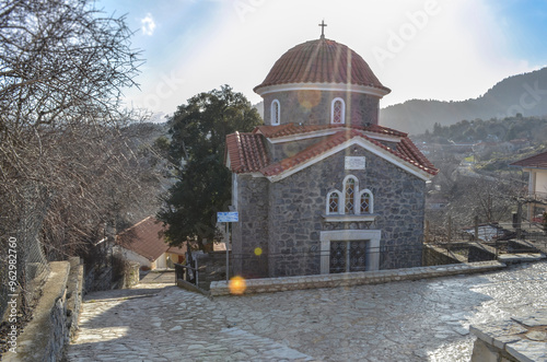 Small stone Orthodox church in Valtesiniko village, Arcadia, Peloponnese, Greece