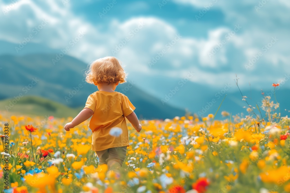 Child exploring vibrant meadow. A child with curly hair and a yellow shirt walks through a colorful flower field, symbolizing freedom and adventure. For nature, lifestyle, and familyrelated content. Child exploring vibrant meadow. A child with curly hair and a yellow shirt walks through a colorful flower field, symbolizing freedom and adventure. For nature, lifestyle, and familyrelated content.