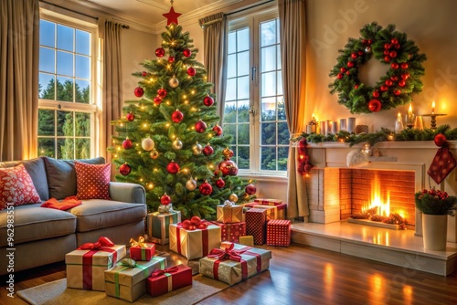 Cozy living room with christmas tree and fireplace decorations in holiday season