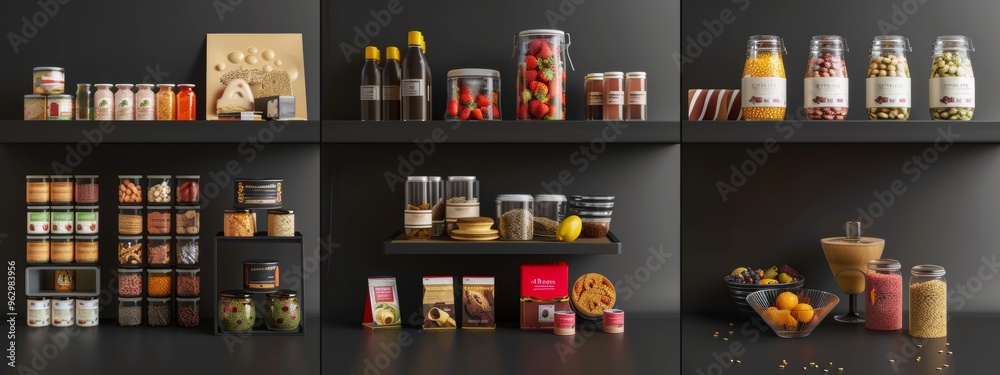 Assorted gourmet food items displayed on minimalist black shelves Assorted gourmet food items displayed on minimalist black shelves