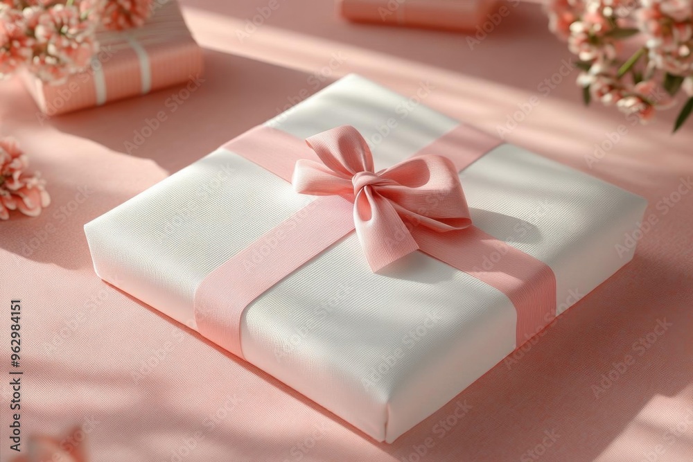 Elegant gift box with a pink ribbon, perfect for celebrations and special occasions. Ideal for birthday or wedding imagery. Elegant gift box with a pink ribbon, perfect for celebrations and special occasions. Ideal for birthday or wedding imagery.