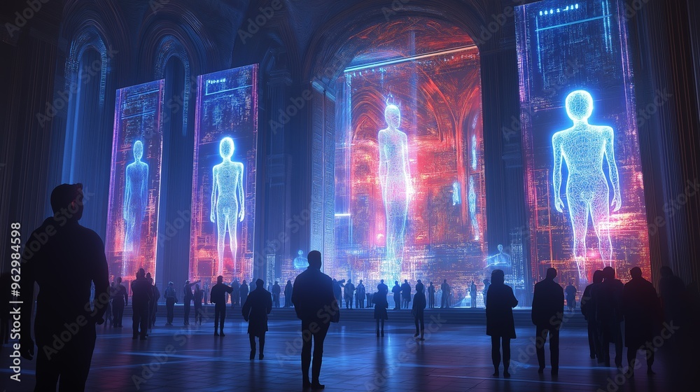 Futuristic hologram displays in a public space showcasing digital human figures and advanced technology, perfect for scifi settings, technology illustrations, and future concept designs Futuristic hologram displays in a public space showcasing digital human figures and advanced technology, perfect for scifi settings, technology illustrations, and future concept designs