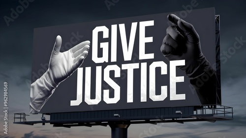 Advertising Billboard give justice. Background Billboard and animation white text.