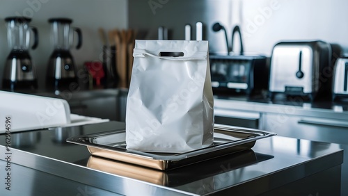 White small bag on plate, background kitchen area.