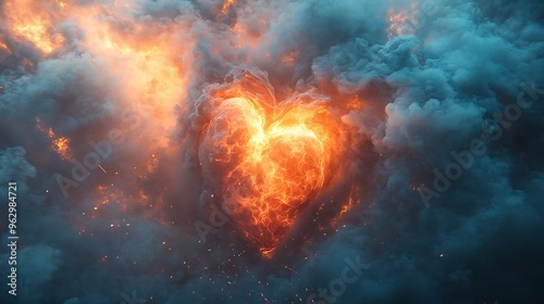 A fiery heart-shaped cloud formation in a stormy sky.