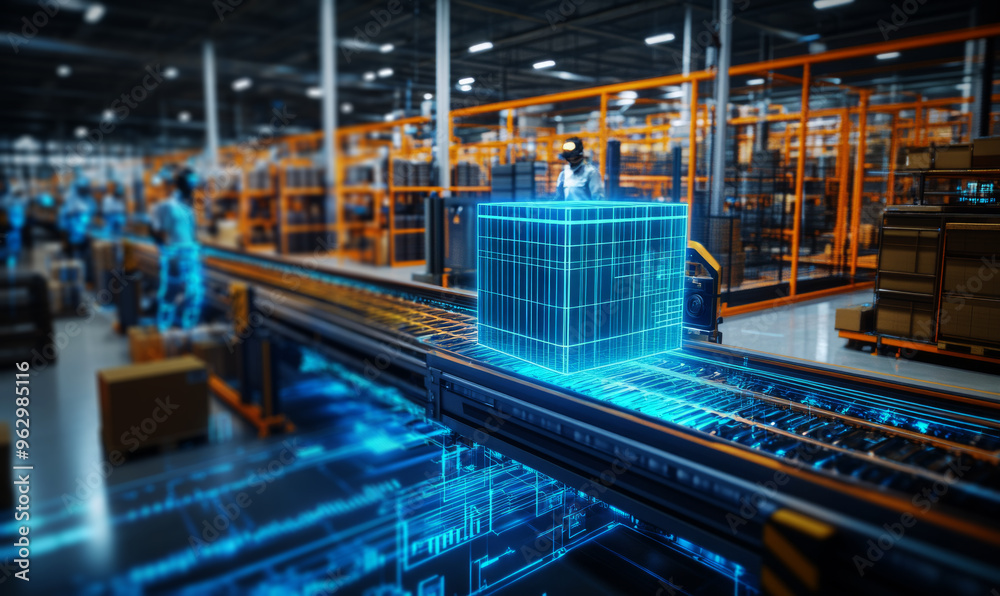 Fototapeta premium Futuristic Distribution Hub,glowing digital hologram depicting boxes on a conveyor belt in a warehouse, 