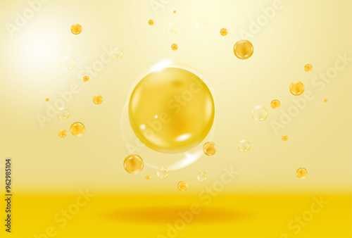 3D Yellow Collagen Skin Serum and Vitamin illustration isolated on soft color background.